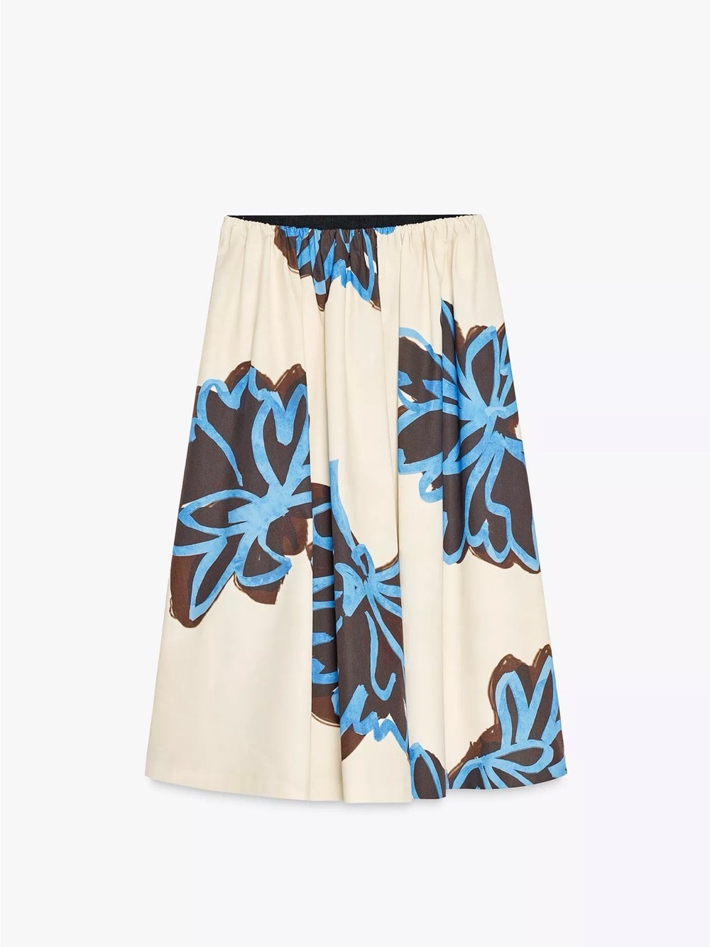 Zara Cream Floral Print Midi Skirt with Blue and Brown Accents